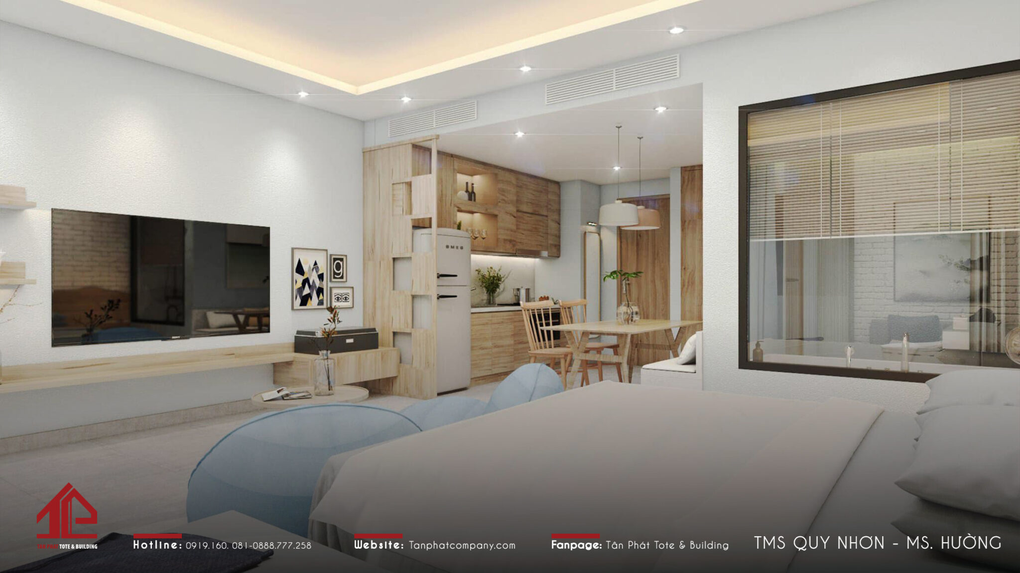 Để thể hiện đúng tinh thần Minimalist, KTS Tân Phát đã tính toán kỹ lưỡng từ vật liệu, màu sắc và chi tiết trang trí. Chúng tôi sử dụng những tone màu trung tính nhẹ nhàng, kết hợp với màu xanh pastel làm điểm nhấn. Không gian mở được đề cao và áp dụng nguyên tắc đối xứng hài hòa.