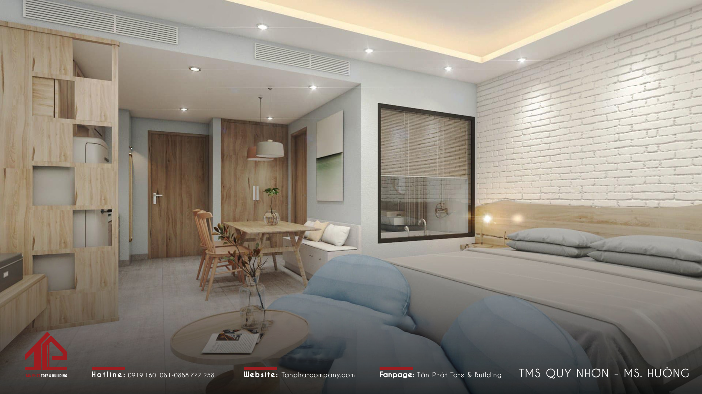 Trong căn hộ 45m2 này, trung tâm căn phòng sẽ là chiếc giường ngủ cỡ lớn và bộ ghế lười êm ái dùng khi xem tivi, đọc sách, uống trà,... Bên cạnh là phòng bếp tích hợp với khu vực ăn uống. Chúng được phân tách với nhau bằng vách ngăn gỗ công nghiệp siêu mỏng, giúp ngôi nhà trở nên thông thoáng, không gây cảm giác bí bách.