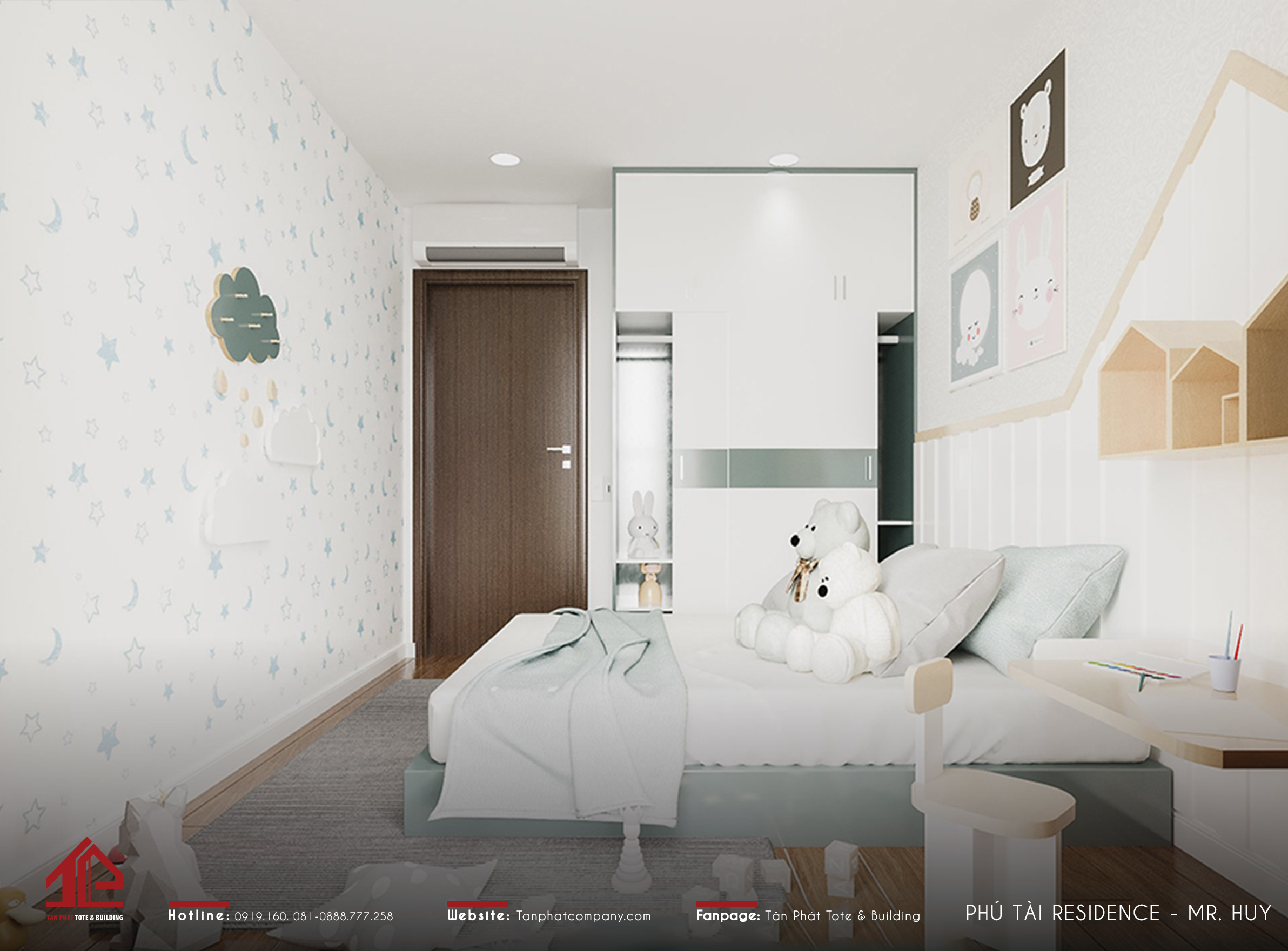 Phòng ngủ bé trai mang lại cảm giác tươi sáng, năng động với tone màu trắng - xanh pastel làm chủ đạo. Những chi tiết trang trí như giấy dán tường, tranh treo tường hình con vật chắc chắn sẽ khiến bé cảm thấy thích thú và vui vẻ mỗi khi ở phòng.