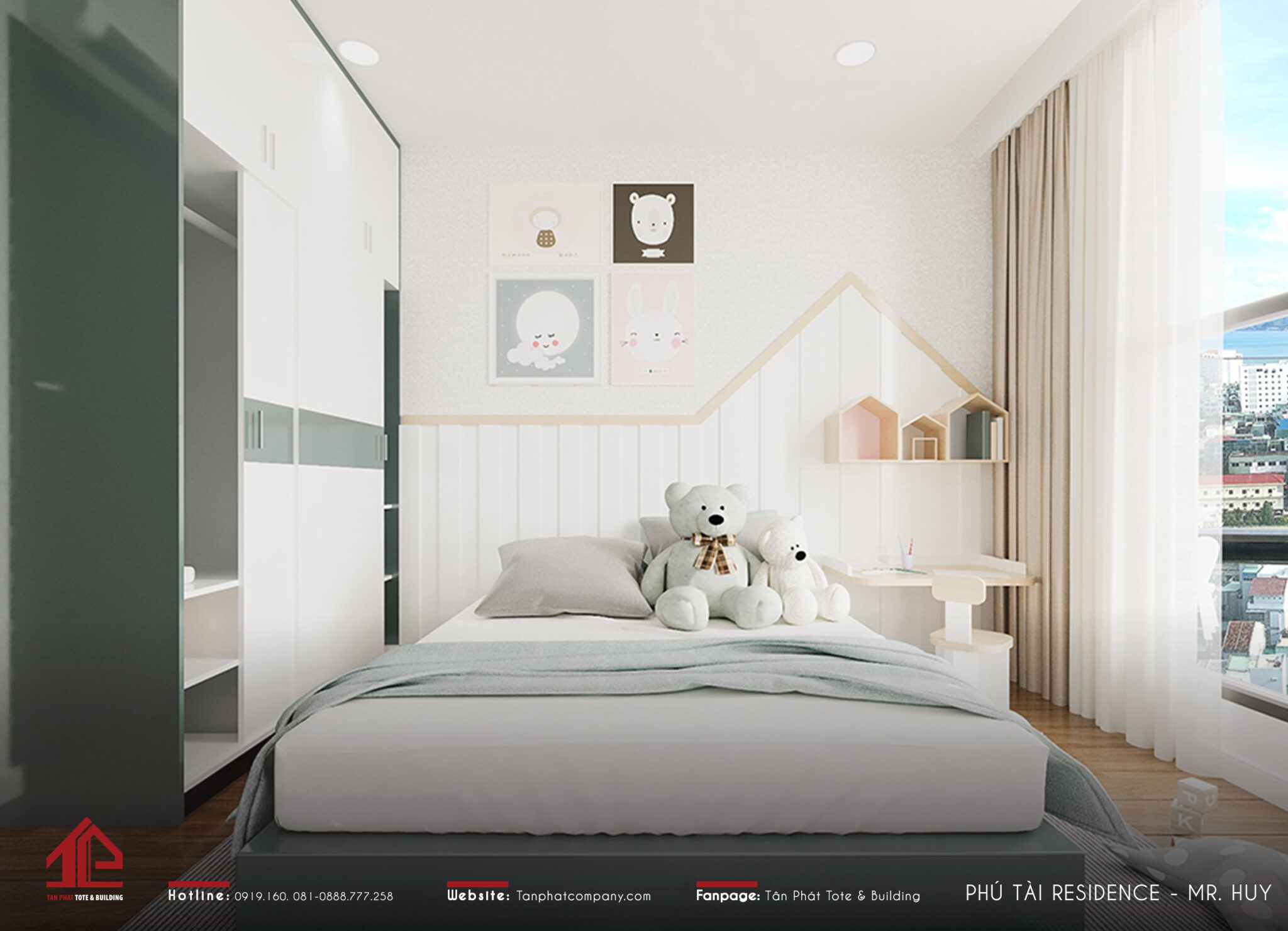 Một góc học tập nhỏ nhắn được bố trí cạnh đầu giường ngủ của bé. Bên phải là cửa sổ kính lớn với chất liệu rèm cửa cao cấp để bé có thể điều chỉnh lượng ánh sáng đi vào phòng.