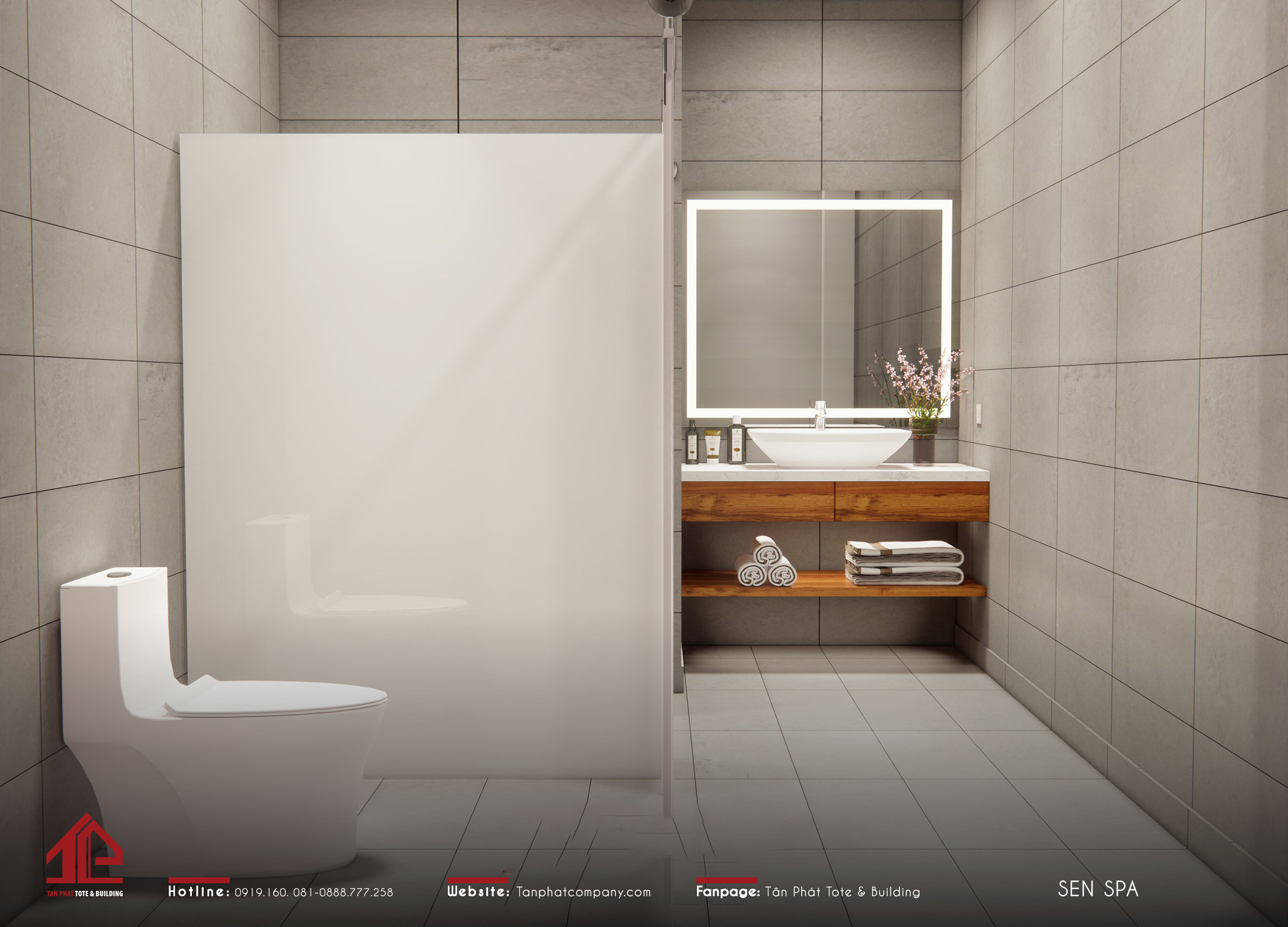Thiết Phòng wc tích hợp 3in1 sử dụng gạch giả xi măng vừa sạch sẽ vừa đảm bảo an toàn cho người sử dụng.