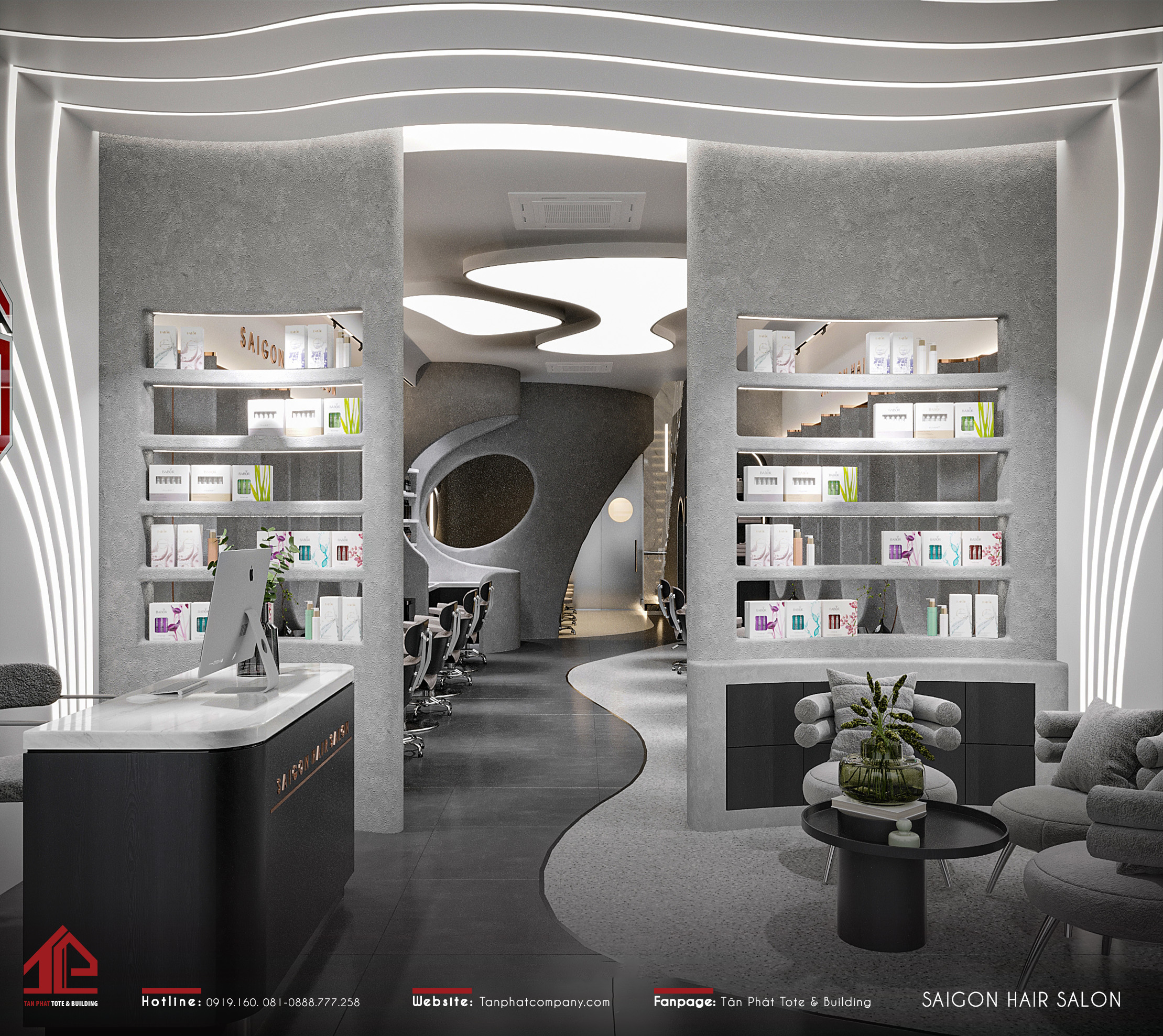 Không gian salon được thiết kế tinh tế với sự kết hợp của những đường cong đẹp mắt cùng màu xám ghi sang trọng và hiệu ứng ánh sáng đỉnh cao. Tất cả tạo nên một không gian trải nghiệm làm đẹp chuyên nghiệp và thích thú