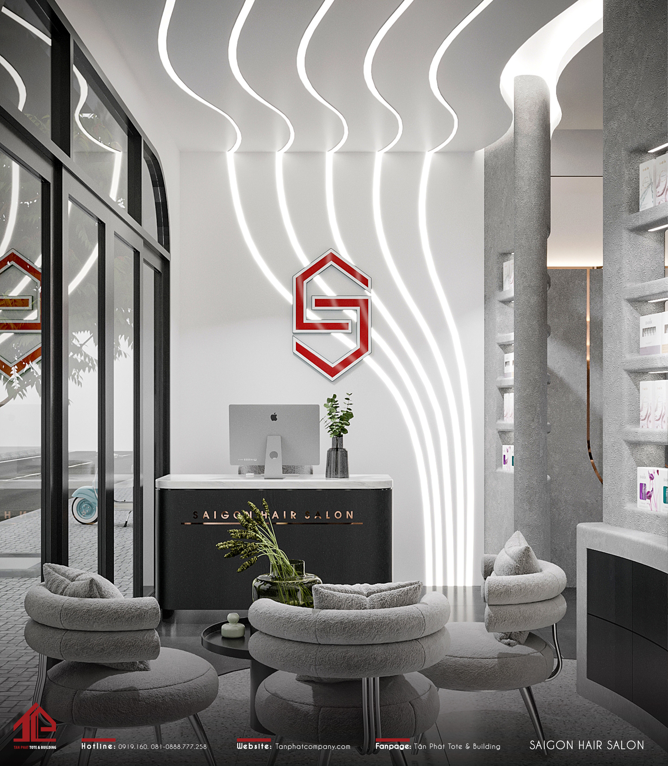 Khu vực đón tiếp khách hàng được đặt đầu tiên ngay khi bước vào salon với thiết kế thân thiện, ấm cúng.
