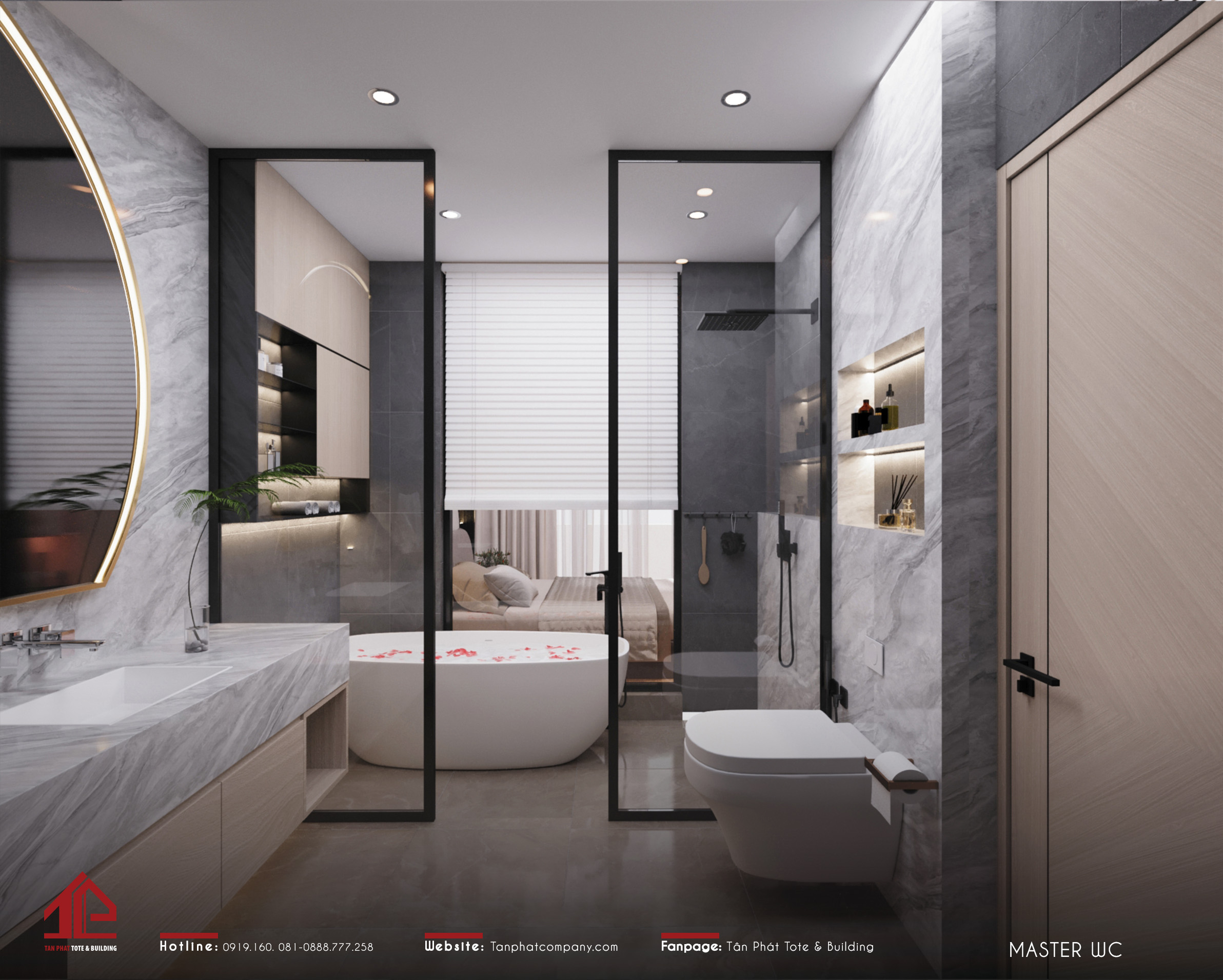 Phòng tắm được tích hợp bên trong phòng ngủ với công năng 3 in 1 mang lại tính riêng tư tuyệt đối. Thiết kế có phần táo bạo khi sử dụng kính lớn làm vách năng, điều này tạo nên một không gian thông thoáng, rộng rãi.