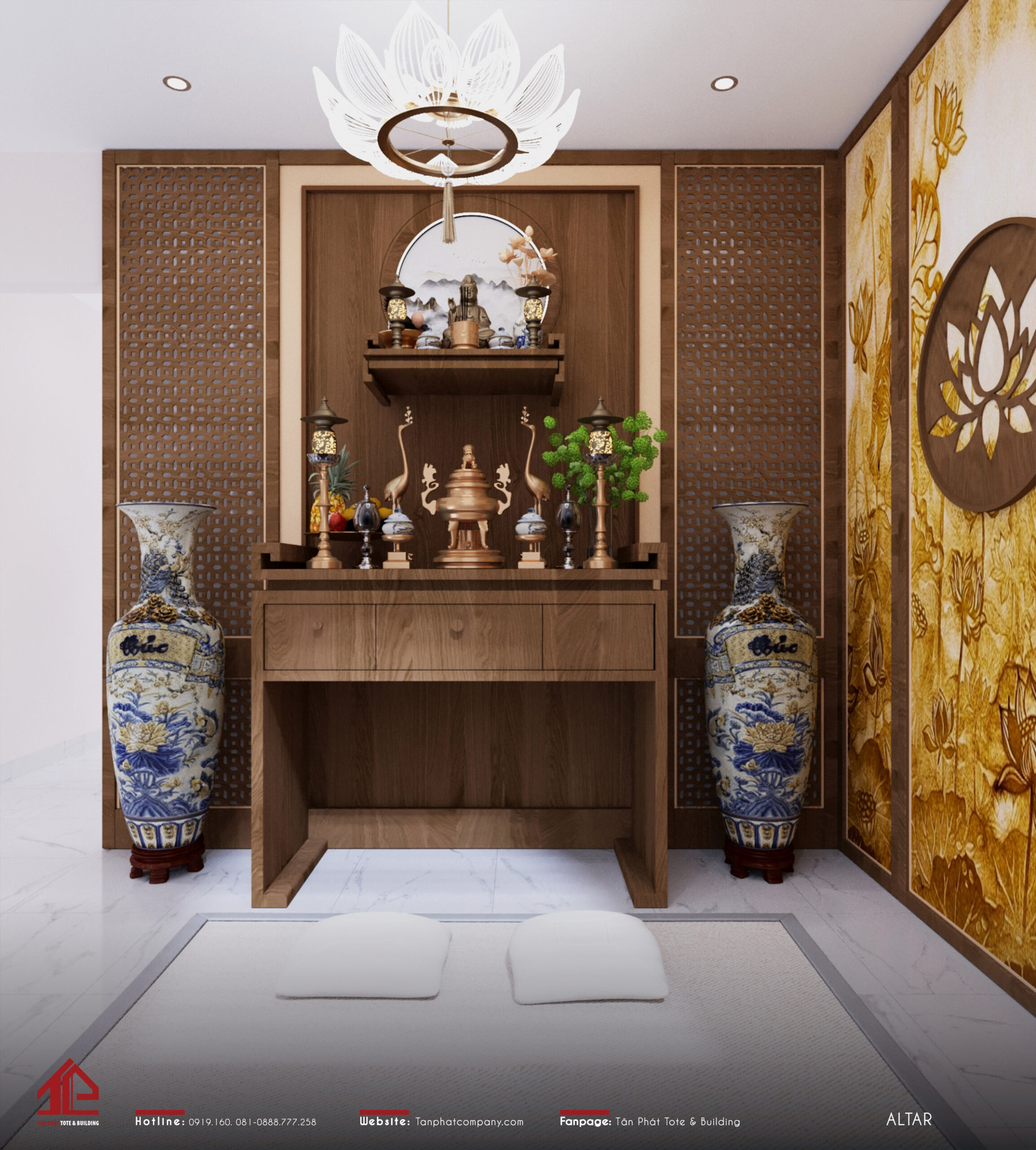 Phòng thờ được thiết kế trang nghiêm với việc sử dụng vách ngăn gỗ, chạm khắc hoa sen tinh tế.