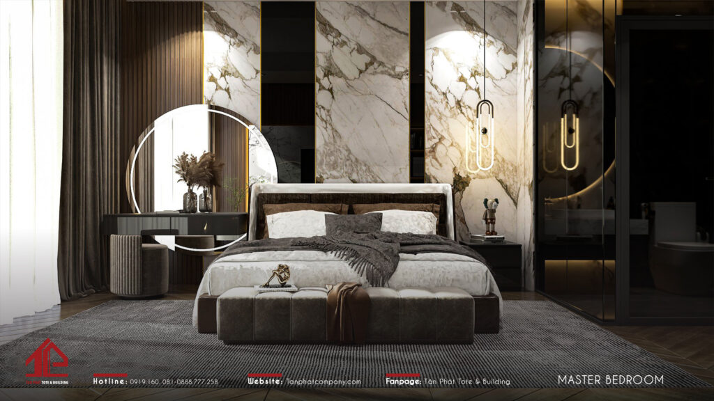 Phòng ngủ master đậm chất “luxury” với thiết kế đầu giường bằng đá cẩm thạch. Sự kết hợp giữa các chất liệu cao cấp tạo nên một không gian sang trọng và cuốn hút