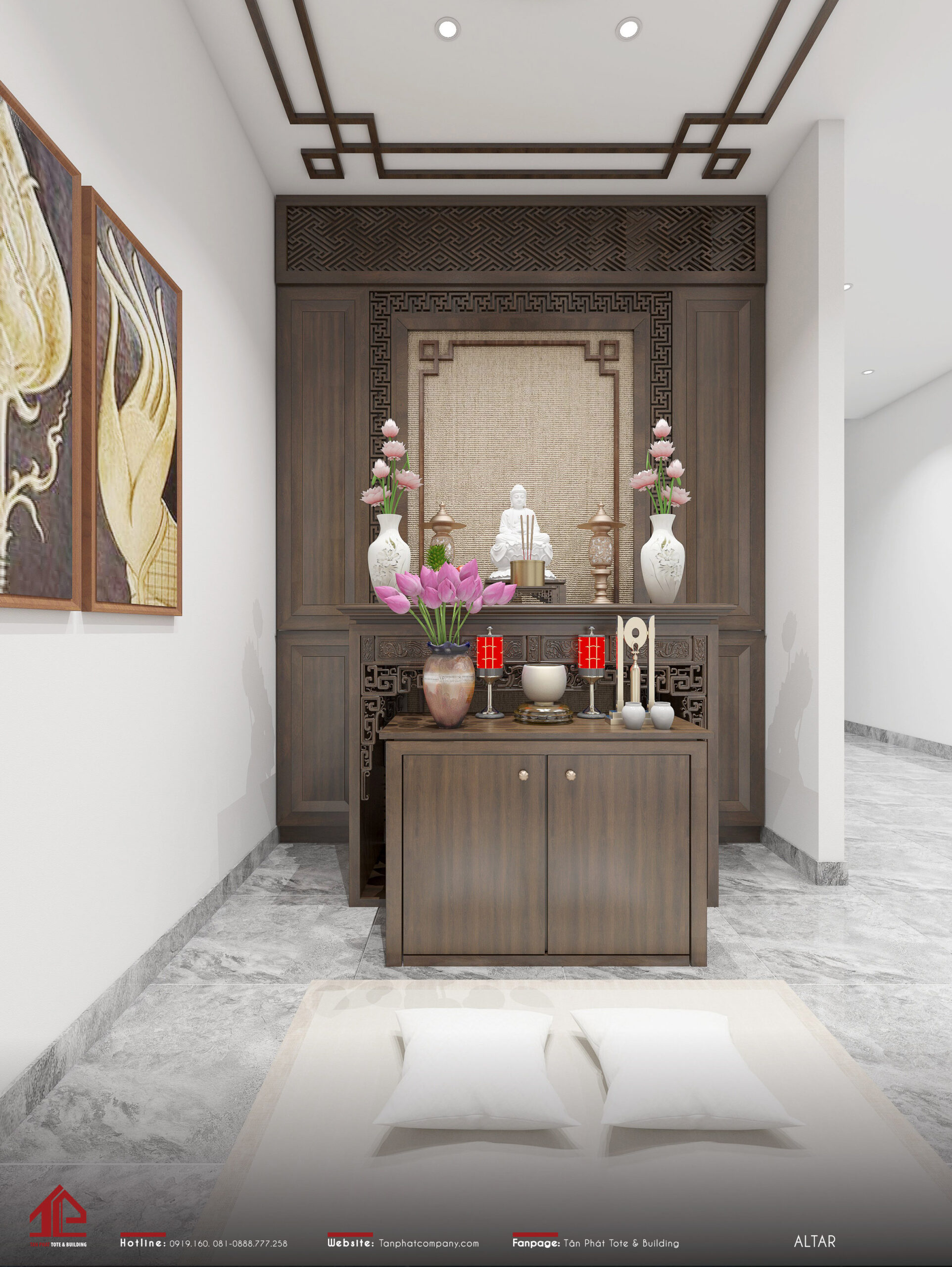 Gian thờ được đặt ở vị trí cao nhất để đảm bảo sự trang nghiêm. Tân Phát cũng ưu tiên chất liệu gỗ nhằm mang lại sự yên bình và ấm cúng