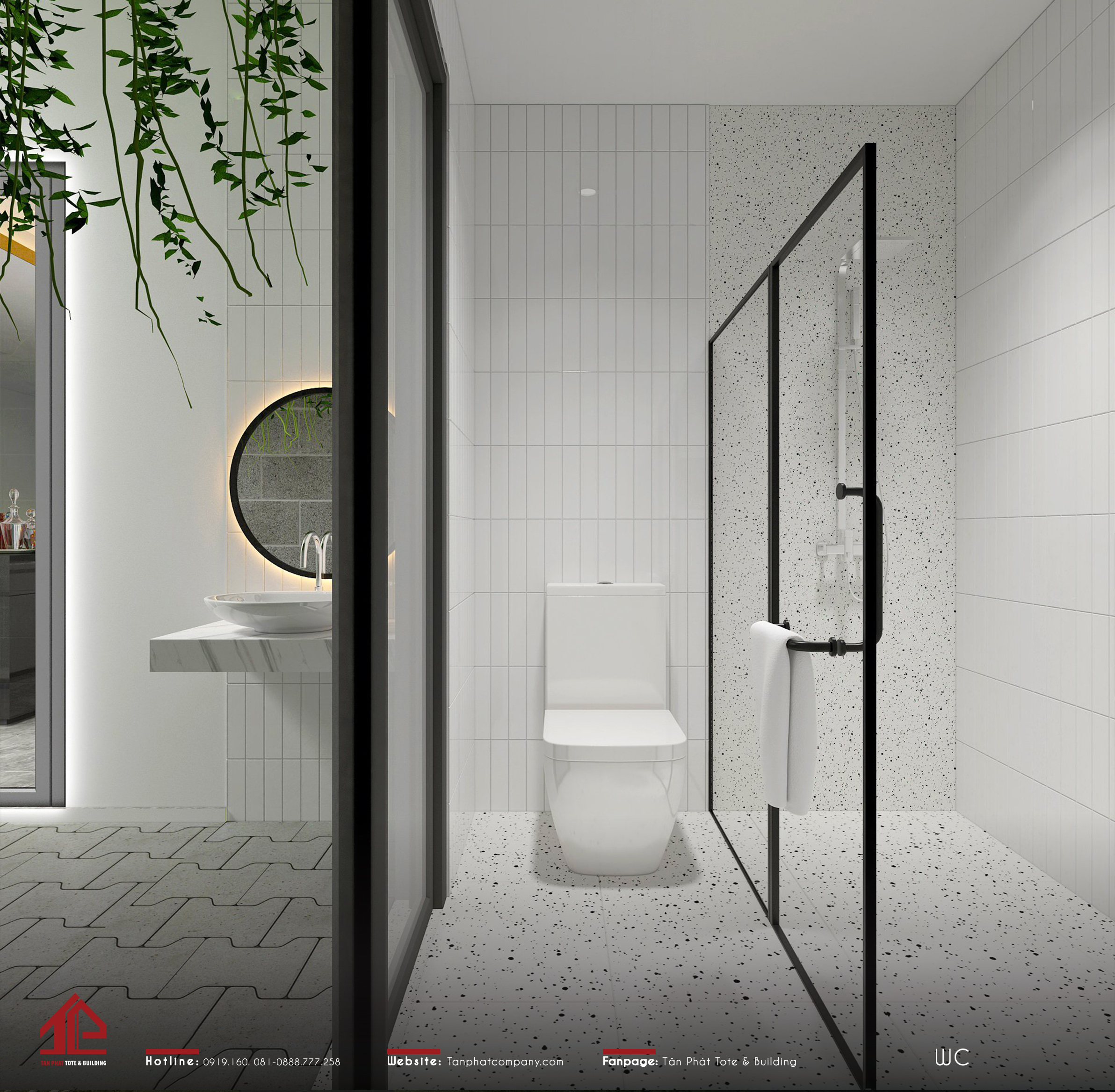 Nhà vệ sinh sử dụng gạch đá mài với vân đá lớn nhỏ đan xen hài hòa. Chất liệu này có độ nhám cao, khả năng chống trơn tốt nên rất phù hợp với những nơi ẩm ướt.