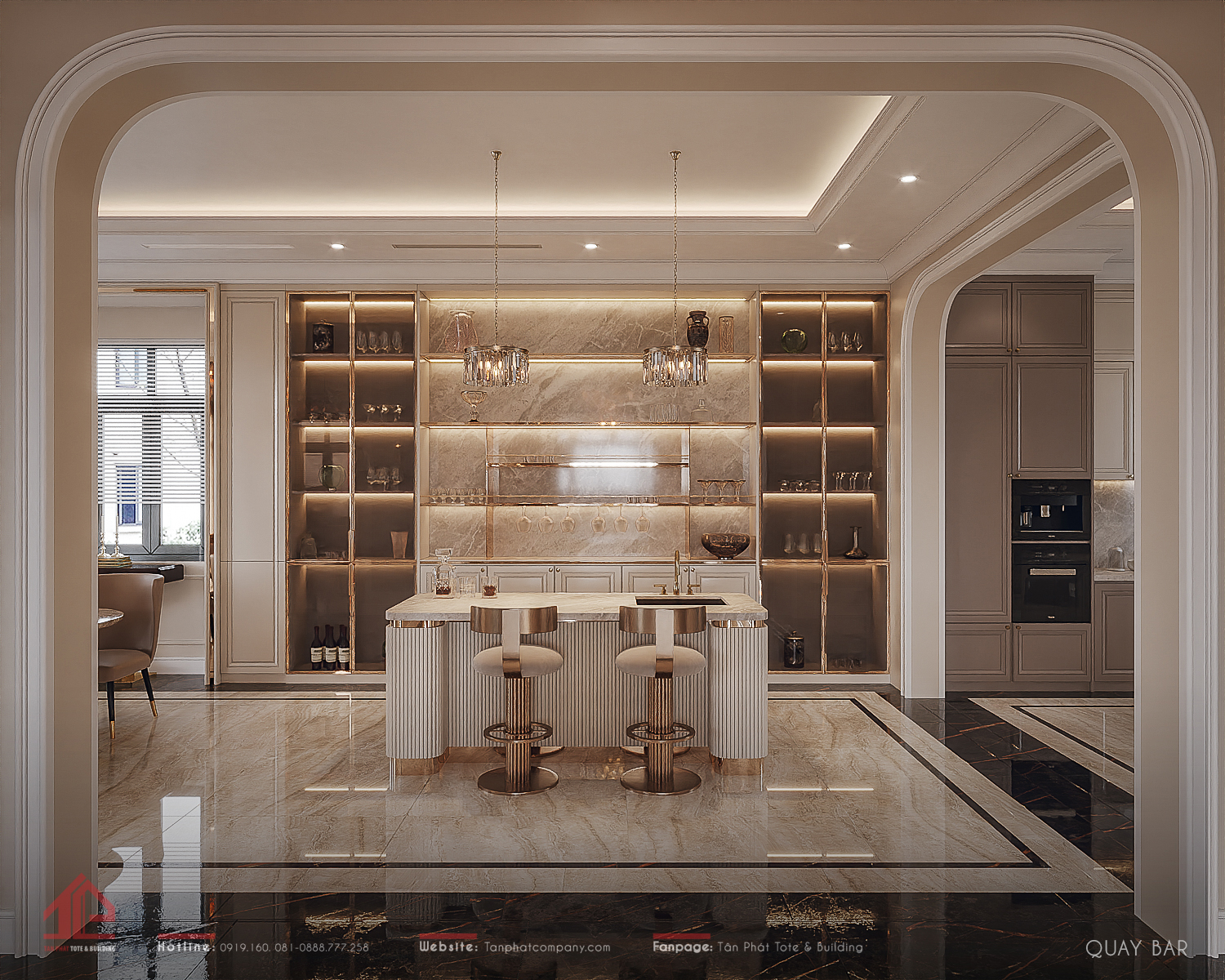 Thiết kế tủ âm với tường gạch loan tích đèn led màu vàng tạo nên một tổng thể ấn tượng.