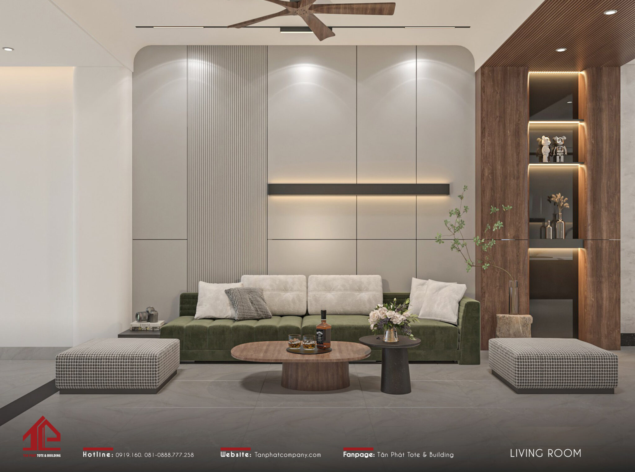 Tổng quan nội thất ưu tiên sự tinh giản từ màu sắc đến chi tiết. Các vật dụng trang trí như lọ hoa, quạt trần, chậu cây xanh,... là những nét chấm phá sinh động cho phòng khách của P’s house 