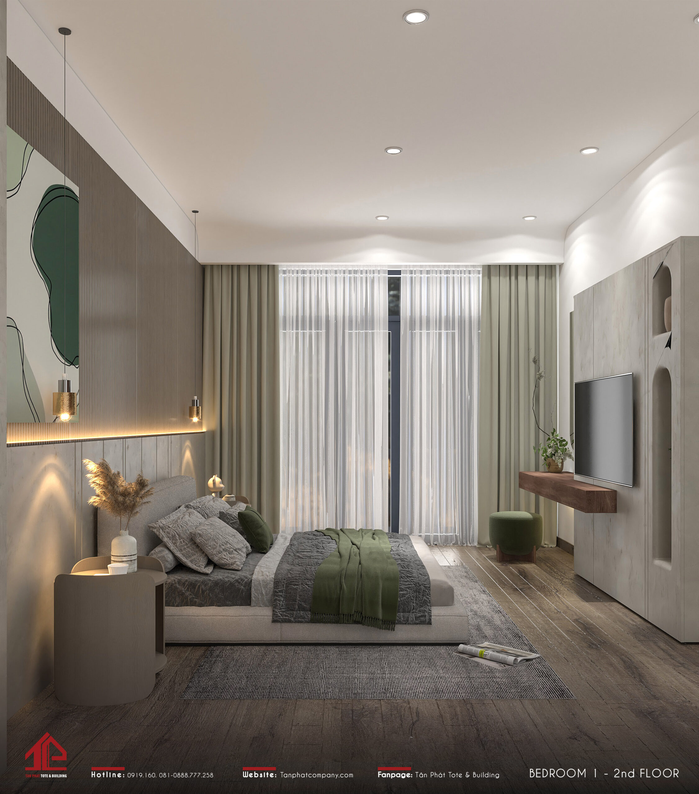 Phòng ngủ của gia chủ được phối màu hết sức độc đáo. Nội thất ưu tiên những đường nét tinh giản nhưng vẫn đảm bảo tiện nghi. Đặc biệt, bức tranh treo tường góp phần thể hiện rõ nét đặc trưng của phong cách tối giản
