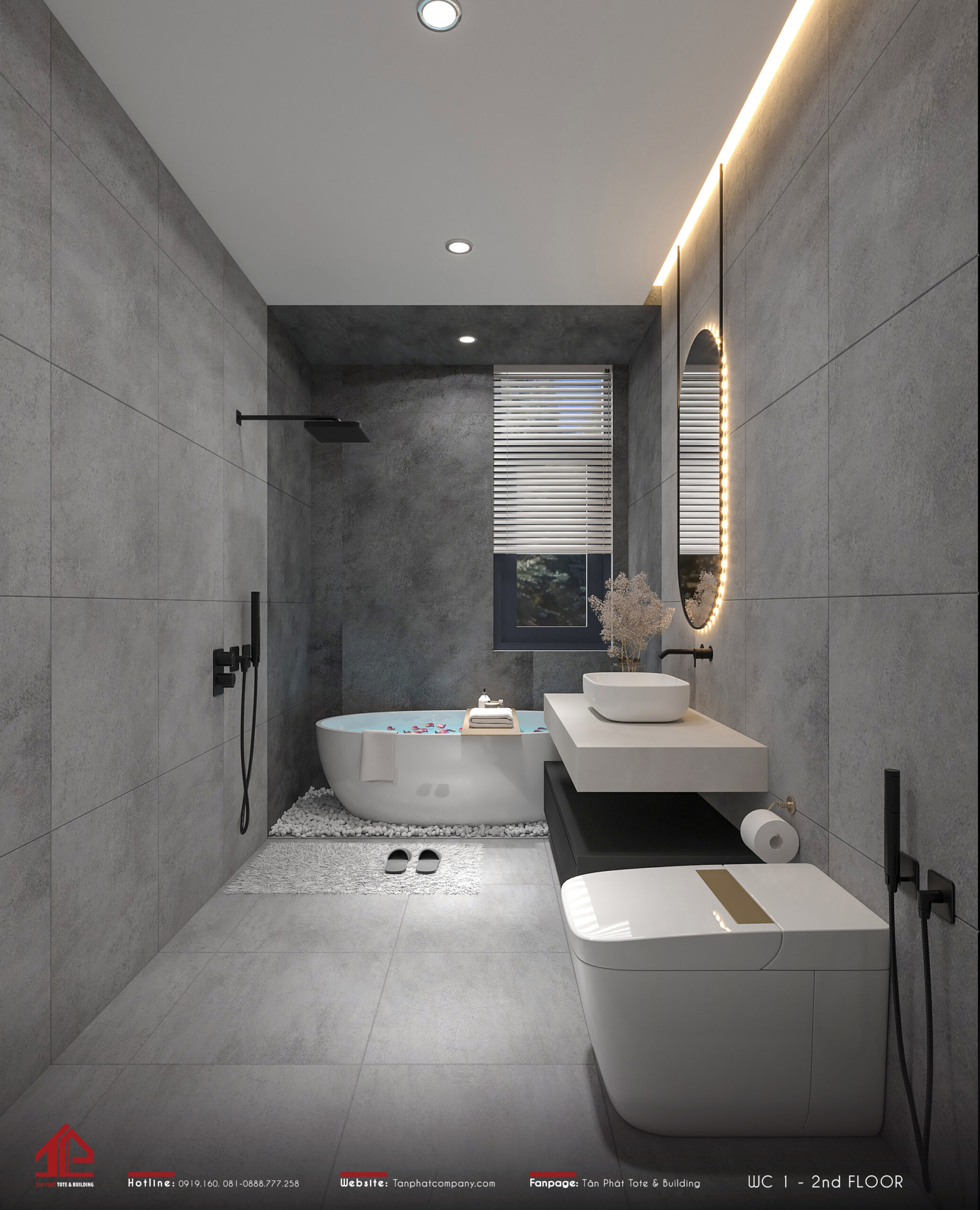 Khu vực vệ sinh tích hợp 3 trong 1 - tắm, rửa và xí. Đặc biệt, chiếc bồn tắm hình oval hứa hẹn sẽ mang đến cho gia chủ những phút giây thực sự thư giãn