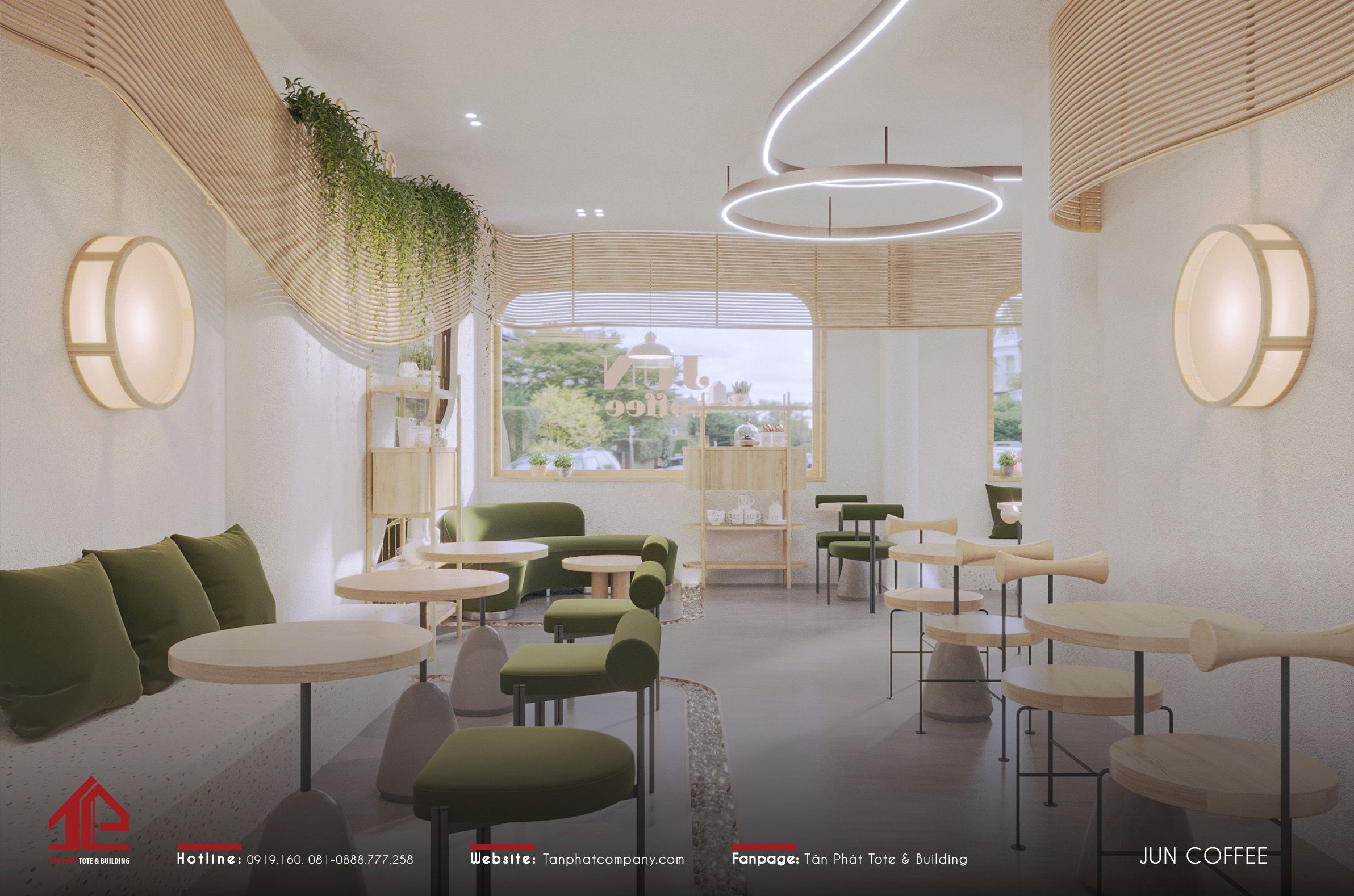 Điểm ấn tượng của Jun Coffee là những đường nét uốn lượn đầy nghệ thuật kết hợp cùng dải đèn LED độc đáo. Tone màu be và xanh rêu khi đi cùng nhau tạo nên sự tương phản đầy thu hút.