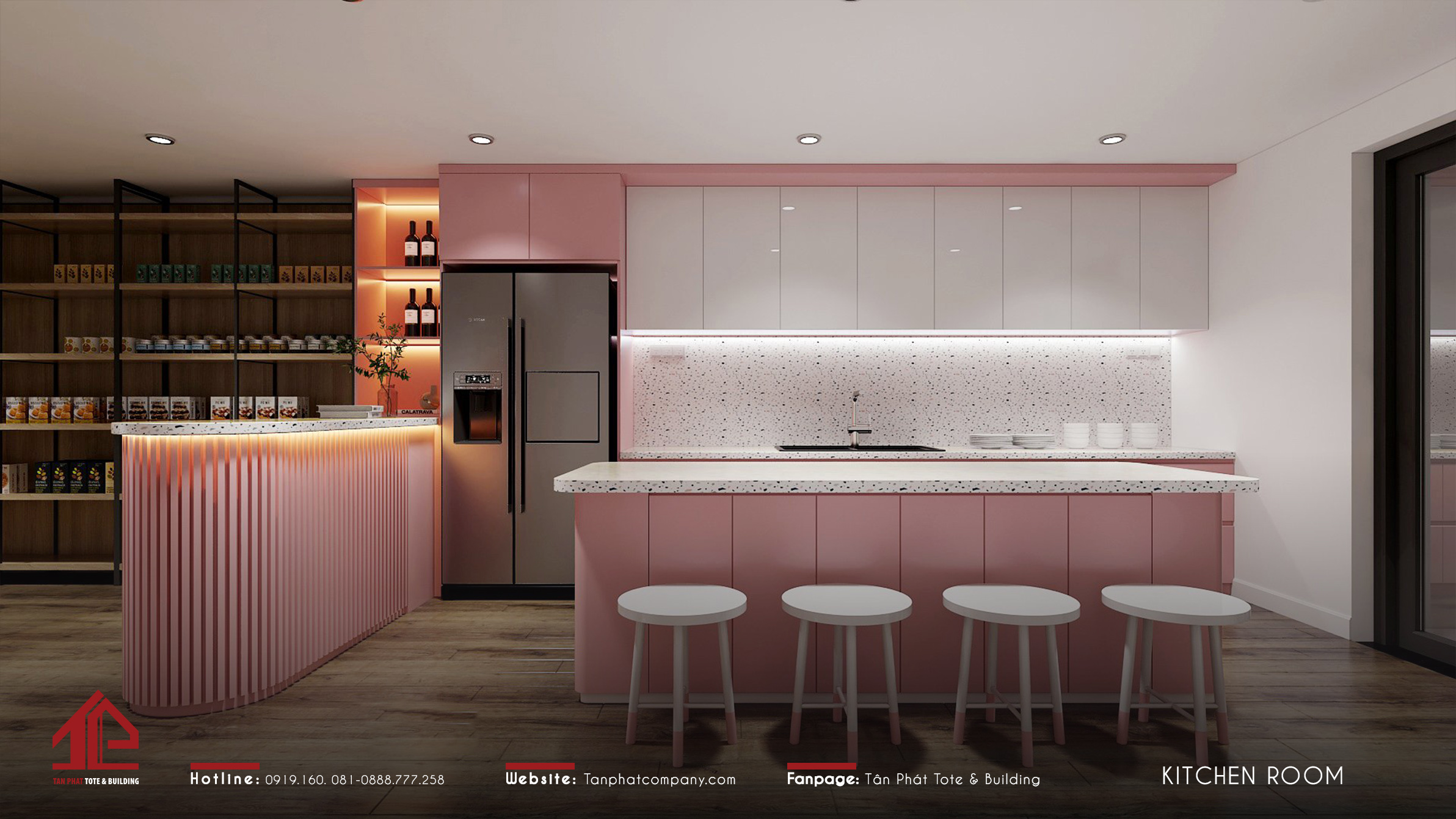Căn bếp ngọt ngào với tone hồng pastel chủ đạo, đúng với sở thích của gia chủ. Nội thất được bố trí gọn gàng, thuận tiện cho quá trình di chuyển và nấu nướng