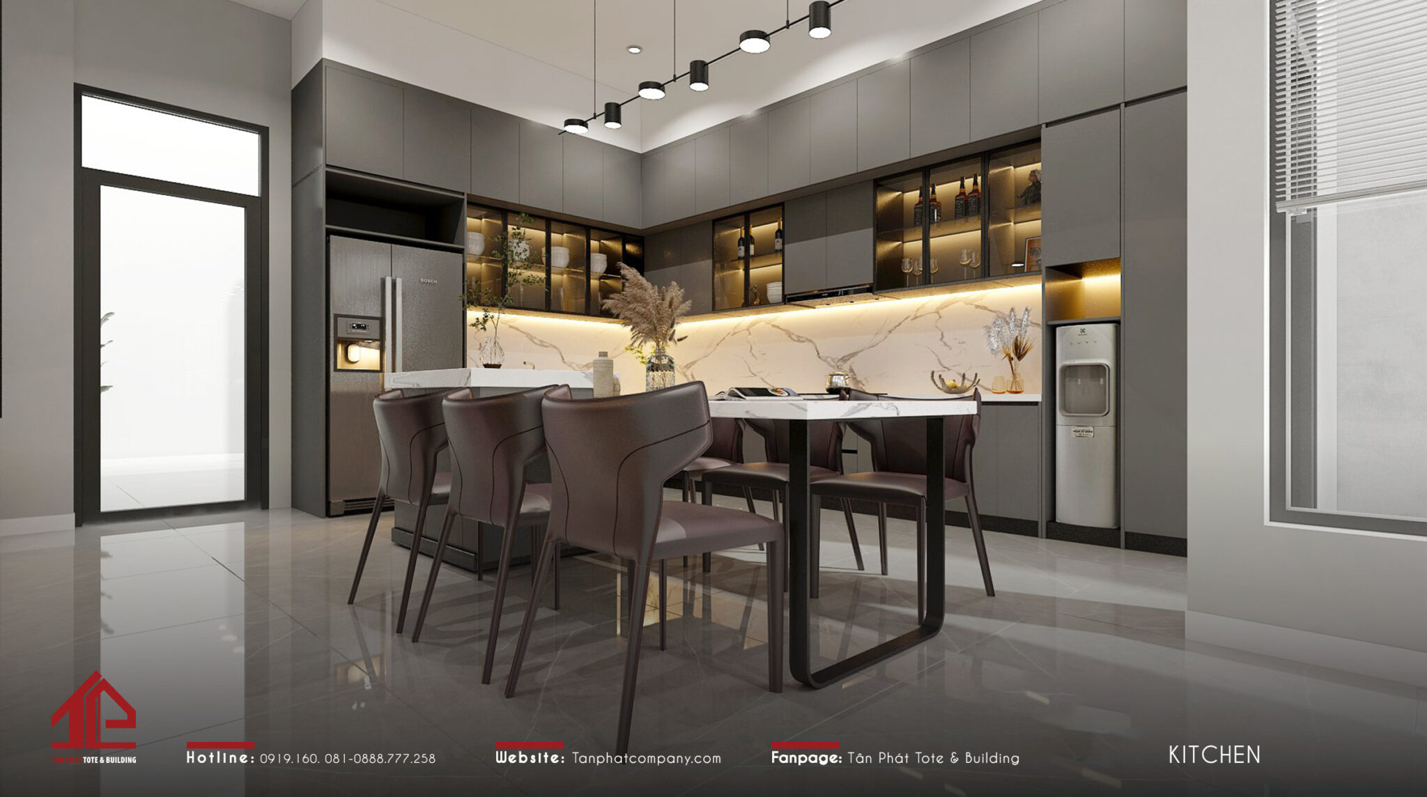 Thiết kế tủ bếp chữ L giúp tận dụng tối đa diện tích ngôi nhà, đồng thời tạo cảm giác căn bếp như được nới rộng ra. Đảo bếp tích hợp với bàn ăn vừa đem lại sự tiện lợi, vừa mang đến sự sang trọng cho căn phòng
