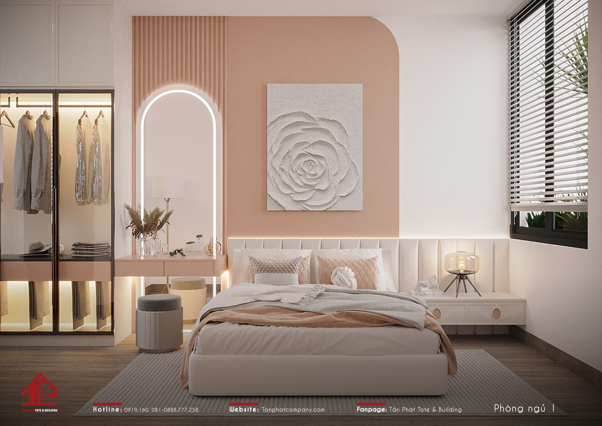 Giường ngủ lớn với đầu giường bọc nệm, ánh sáng dịu nhẹ và tone màu pastel chủ đạo sẽ tạo nên không gian nghỉ ngơi lý tưởng sau một ngày dài bận rộn.