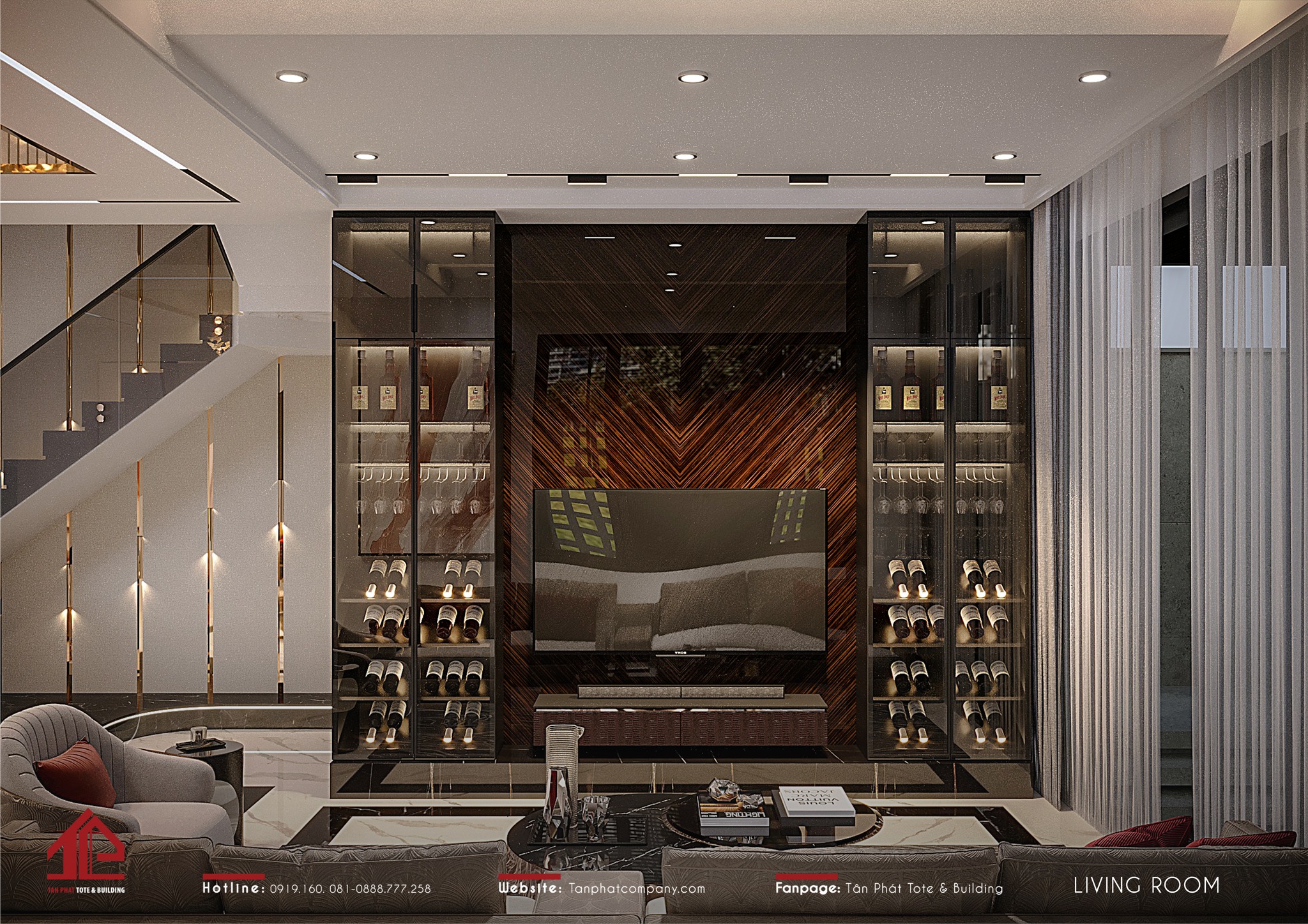 Phòng khách L’s villa mang đến cảm giác sang trọng và quý phái với gam màu trung tính và các chất liệu cao cấp như sofa da mềm mại, inox mạ PVD, gỗ veneer kỹ thuật, đá cẩm thạch, kính cường lực,...
