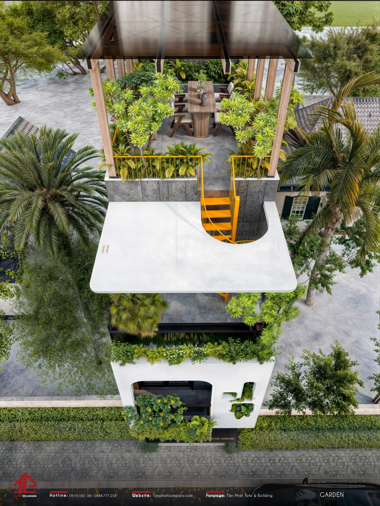 Điểm nhấn đặc biệt của T's House chính là ban công thông tầng được kết nối bởi một chiếc cầu thang sắt màu vàng độc đáo. Thiết kế này không chỉ tối ưu hóa không gian mà còn tạo nên sự liên kết hài hòa giữa các tầng.