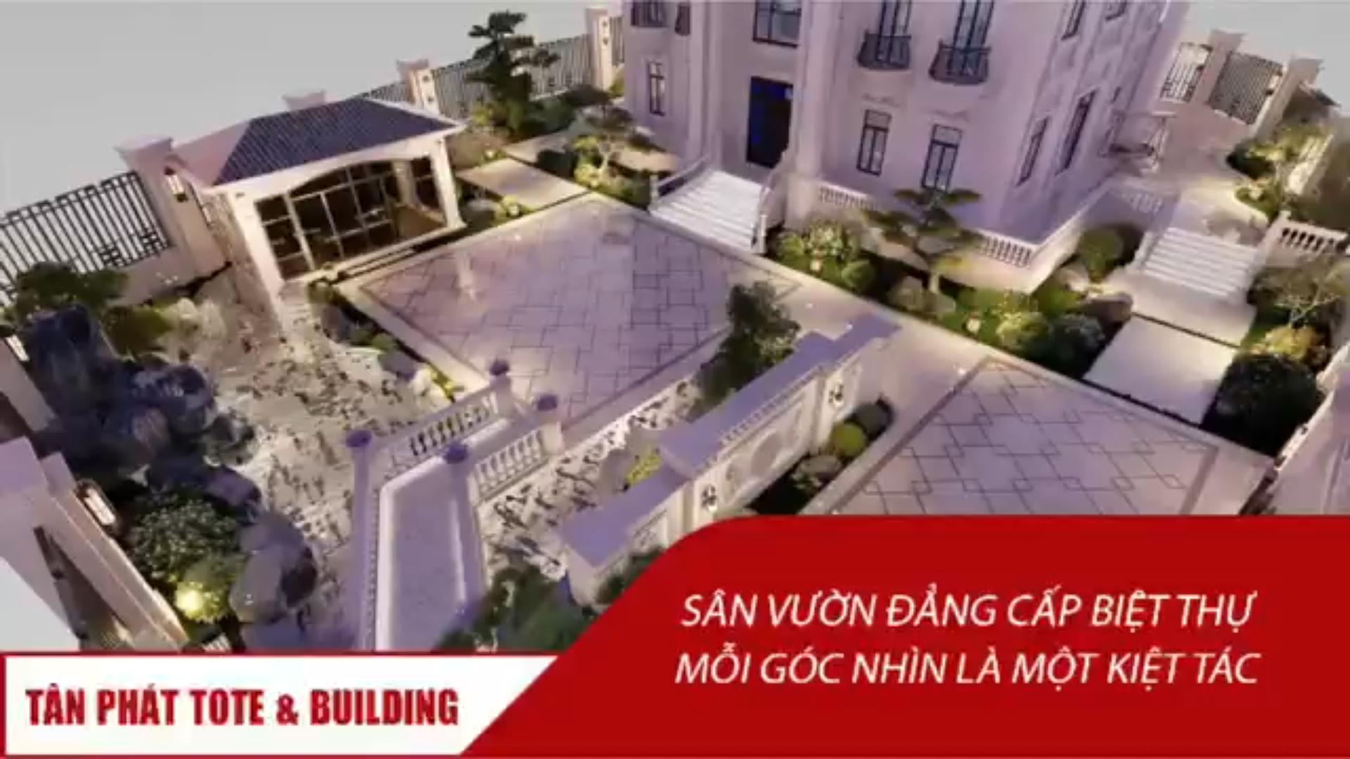 Thiết kế sân vườn biệt thự tân cổ điển với chòi nghỉ hồ nước và non bộ